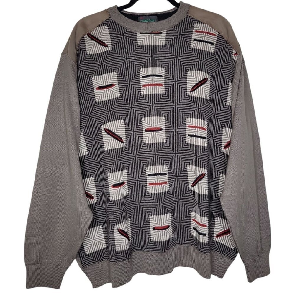 Papillon Sweater Mens XL EU 46 Wool Blend Textured Leather Suede Patch Warm Base